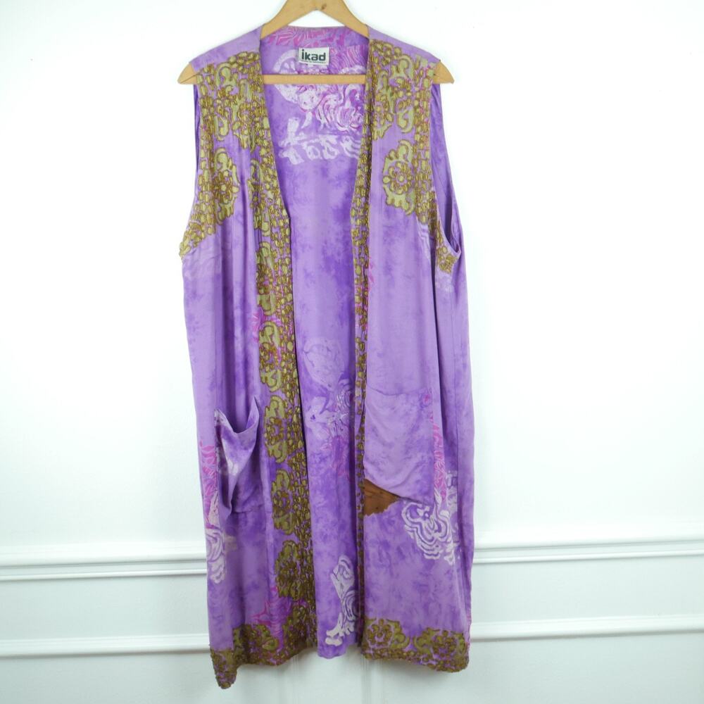 Vintage One Size Duster Vest Topper Purple Batik Boho Beaded Art to Wear 90s